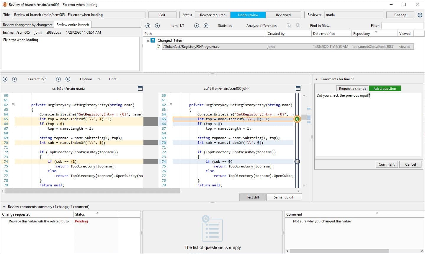 Plastic SCM-Codeüberprüfungen sind in der GUI enthalten.