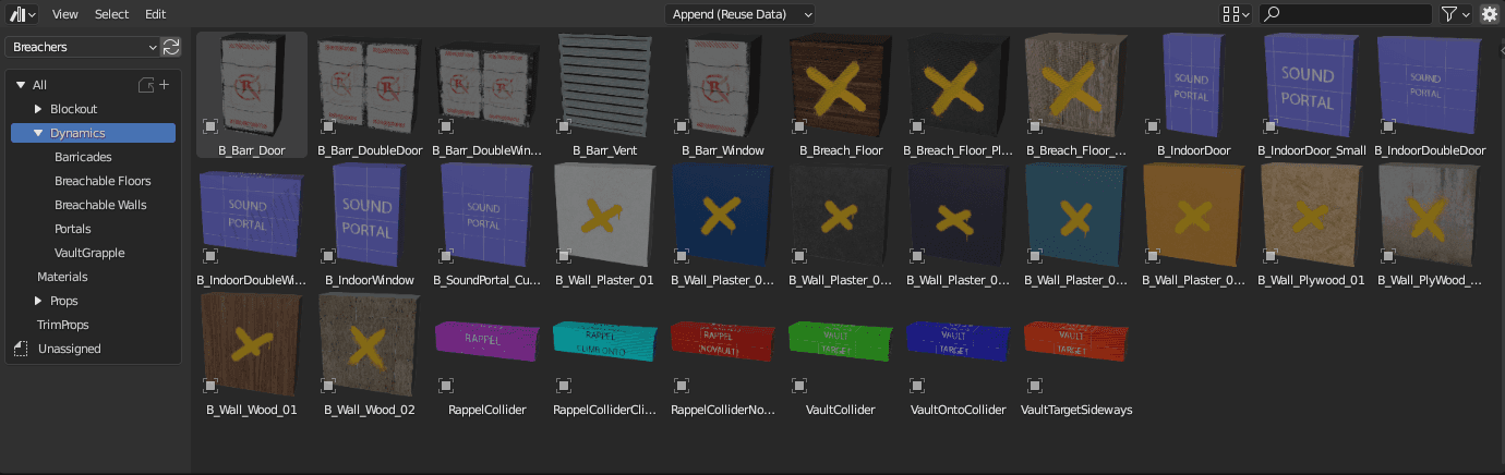 Figure 14: Breachers image provided by Triangle Factory (All of the dynamic object types that use the PrefabLink custom property)